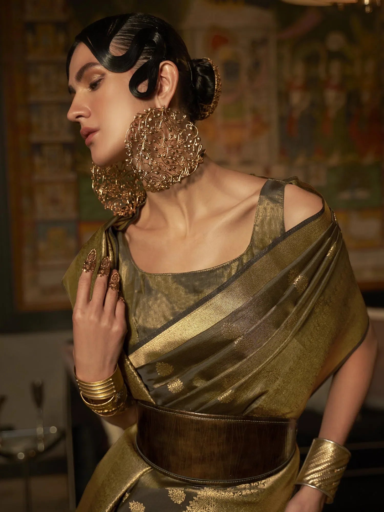 Olive Green Woven Polyester Saree | Indian Sarees
