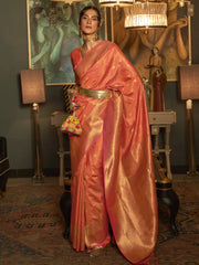 Women's  Blend Peach Woven Design Handloom Saree With Blouse Piece-KARNAZ256005