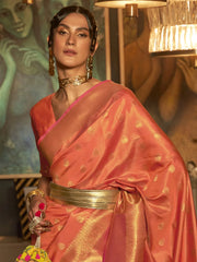 Women's  Blend Peach Woven Design Handloom Saree With Blouse Piece-KARNAZ256005
