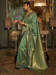 Women's Blend Sea Green Woven Design Handloom Saree With Blouse Piece-KARNAZ256007