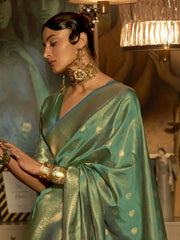 Women's Blend Sea Green Woven Design Handloom Saree With Blouse Piece-KARNAZ256007