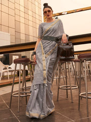Women's  Blend Grey Woven Design Handloom Saree With Blouse Piece-KAROL5003