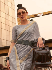 Women's  Blend Grey Woven Design Handloom Saree With Blouse Piece-KAROL5003
