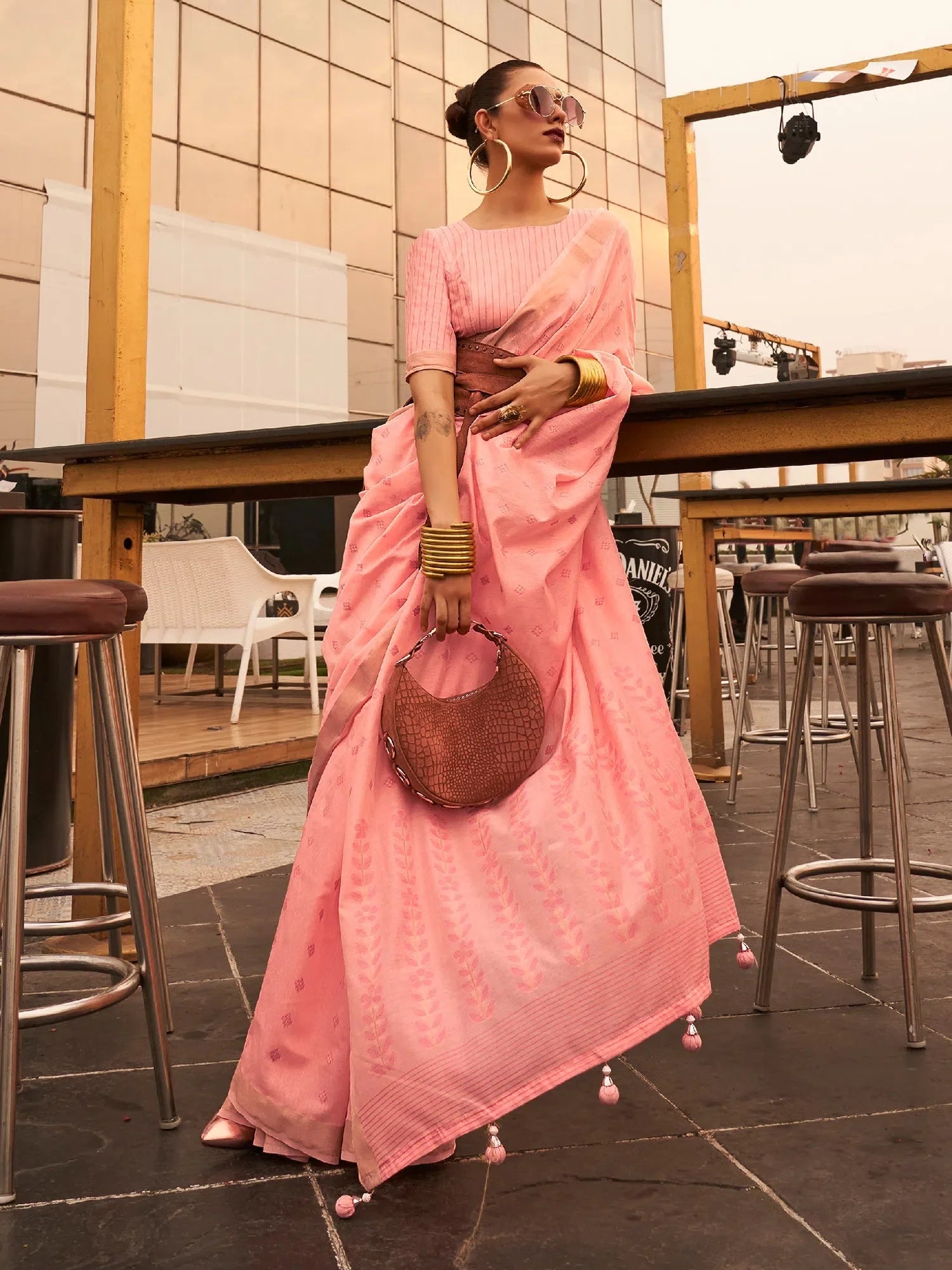 Peach Polyester Saree with Blouse | Indian Sarees