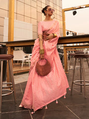 Women's  Blend Peach Woven Design Handloom Saree With Blouse Piece-KAROL5004