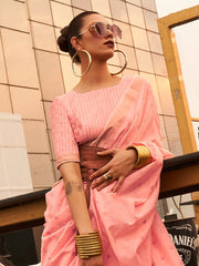 Women's  Blend Peach Woven Design Handloom Saree With Blouse Piece-KAROL5004
