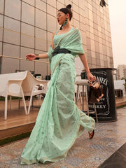 Women's Blend Sea Green Woven Design Handloom Saree With Blouse Piece-KAROL5007