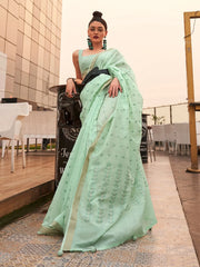Women's Blend Sea Green Woven Design Handloom Saree With Blouse Piece-KAROL5007