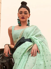Women's Blend Sea Green Woven Design Handloom Saree With Blouse Piece-KAROL5007