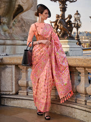 Women's Organza Peach Woven Design Designer Saree With Blouse Piece-KARSI346002