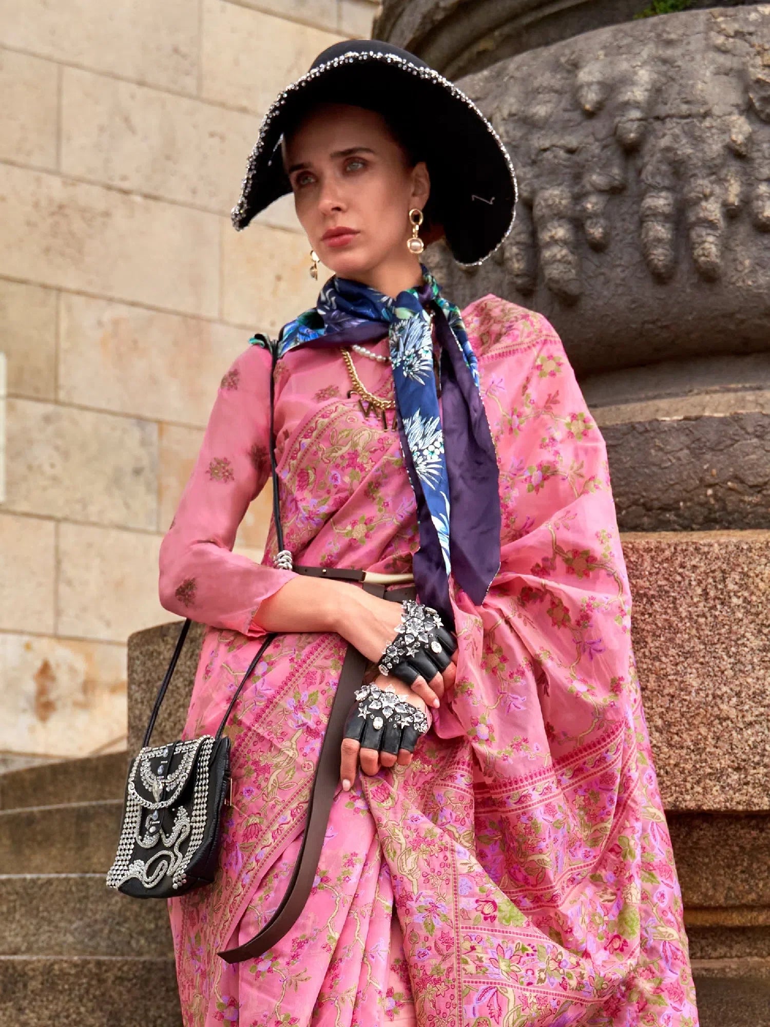 Pink Organza Saree - Designer Indian Sari with Blouse