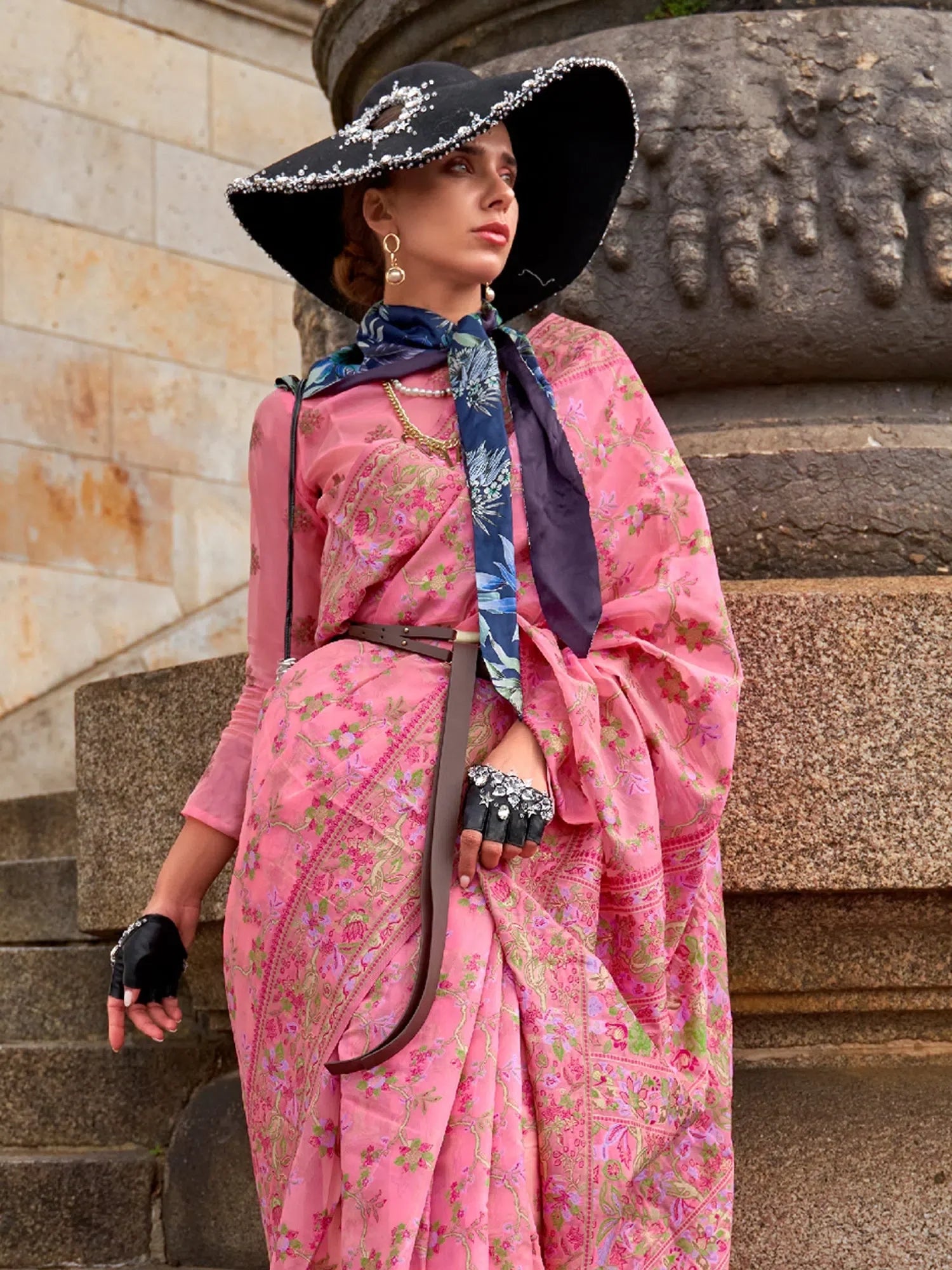 Pink Organza Saree - Designer Indian Sari with Blouse