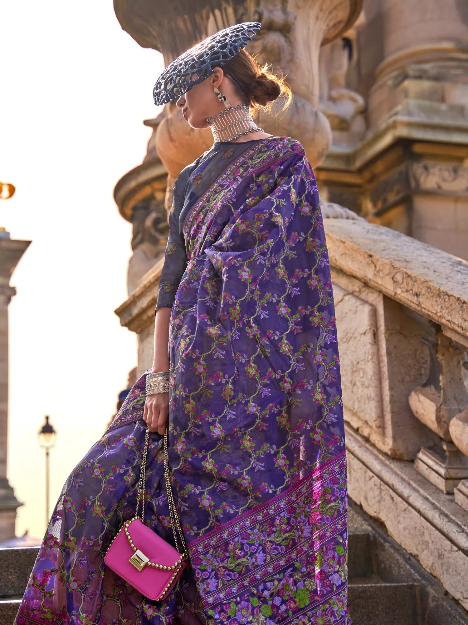 Blue Organza Saree - Designer Sarees India with Blouse