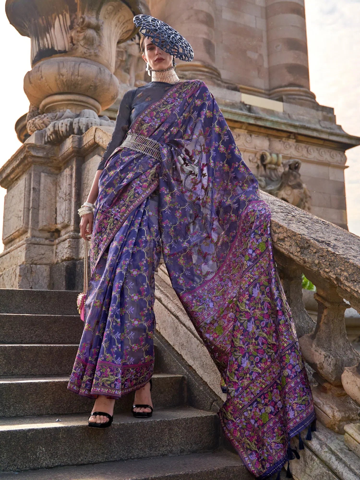 Blue Organza Saree - Designer Sarees India with Blouse