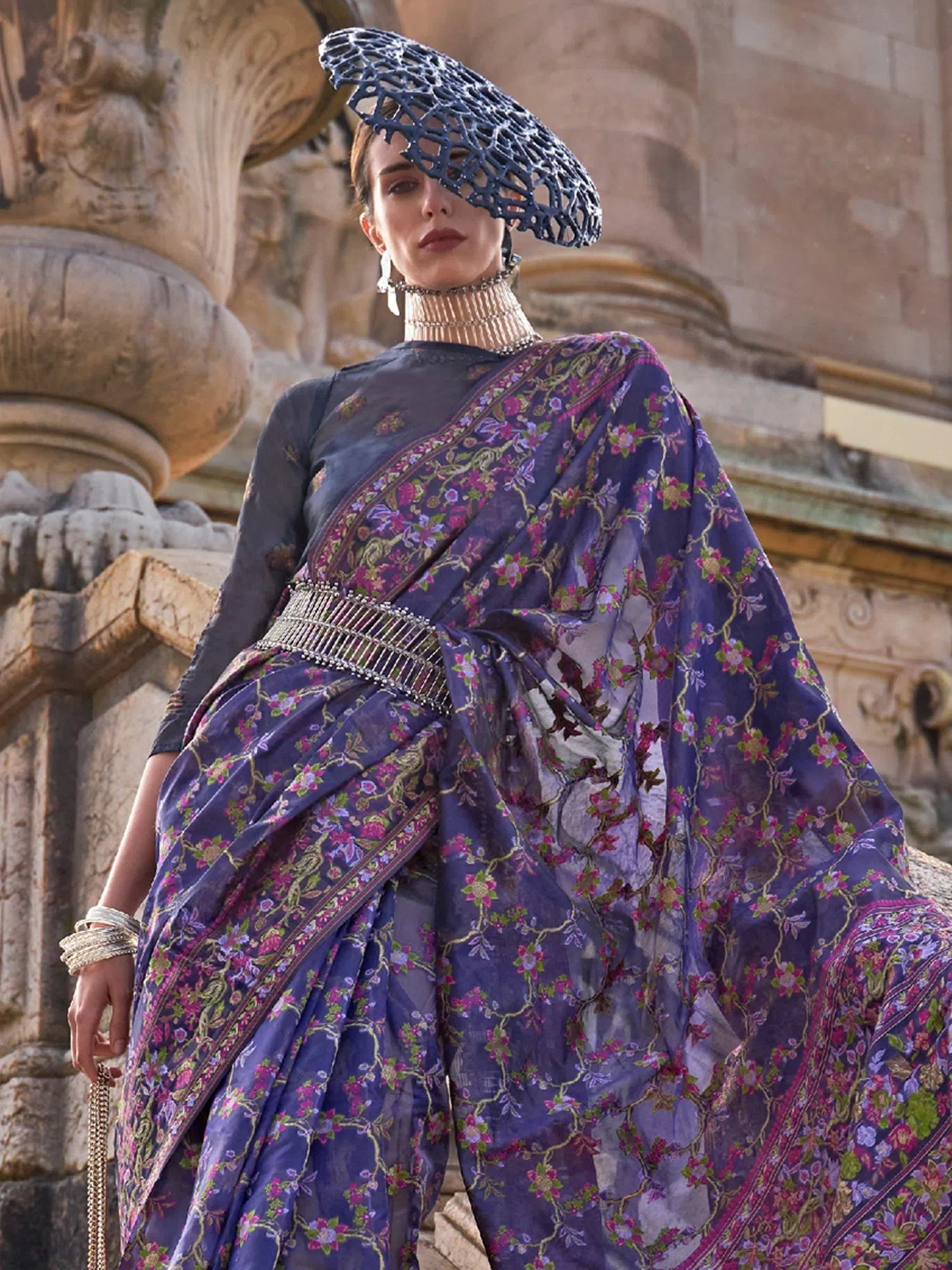 Blue Organza Saree - Designer Sarees India with Blouse