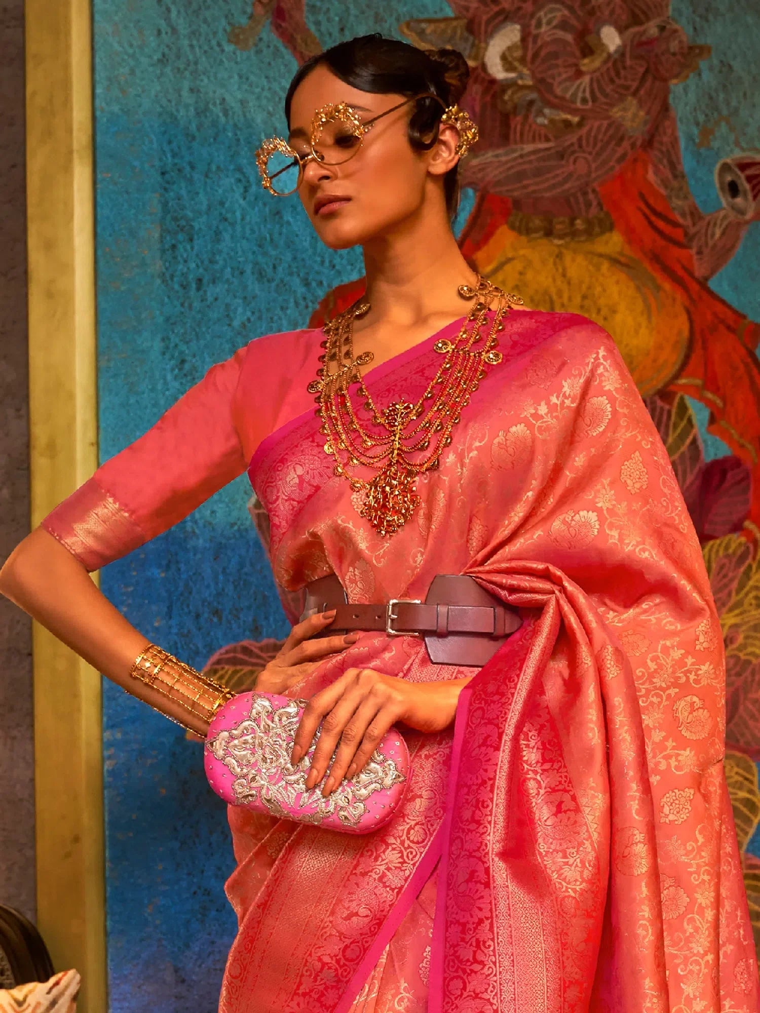 Orange Woven Polyester Saree with Blouse | Indian Sarees