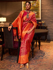 Women's  Blend Red Woven Design Handloom Saree With Blouse Piece-KARZO252006
