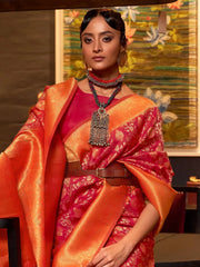 Women's  Blend Red Woven Design Handloom Saree With Blouse Piece-KARZO252006