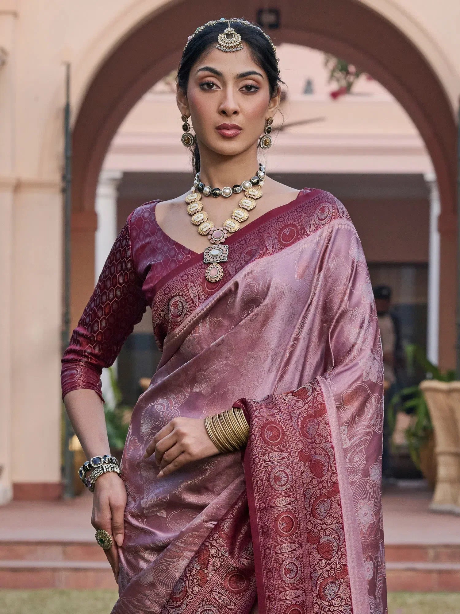Mauve Woven Polyester Saree - Indian Sari with Blouse