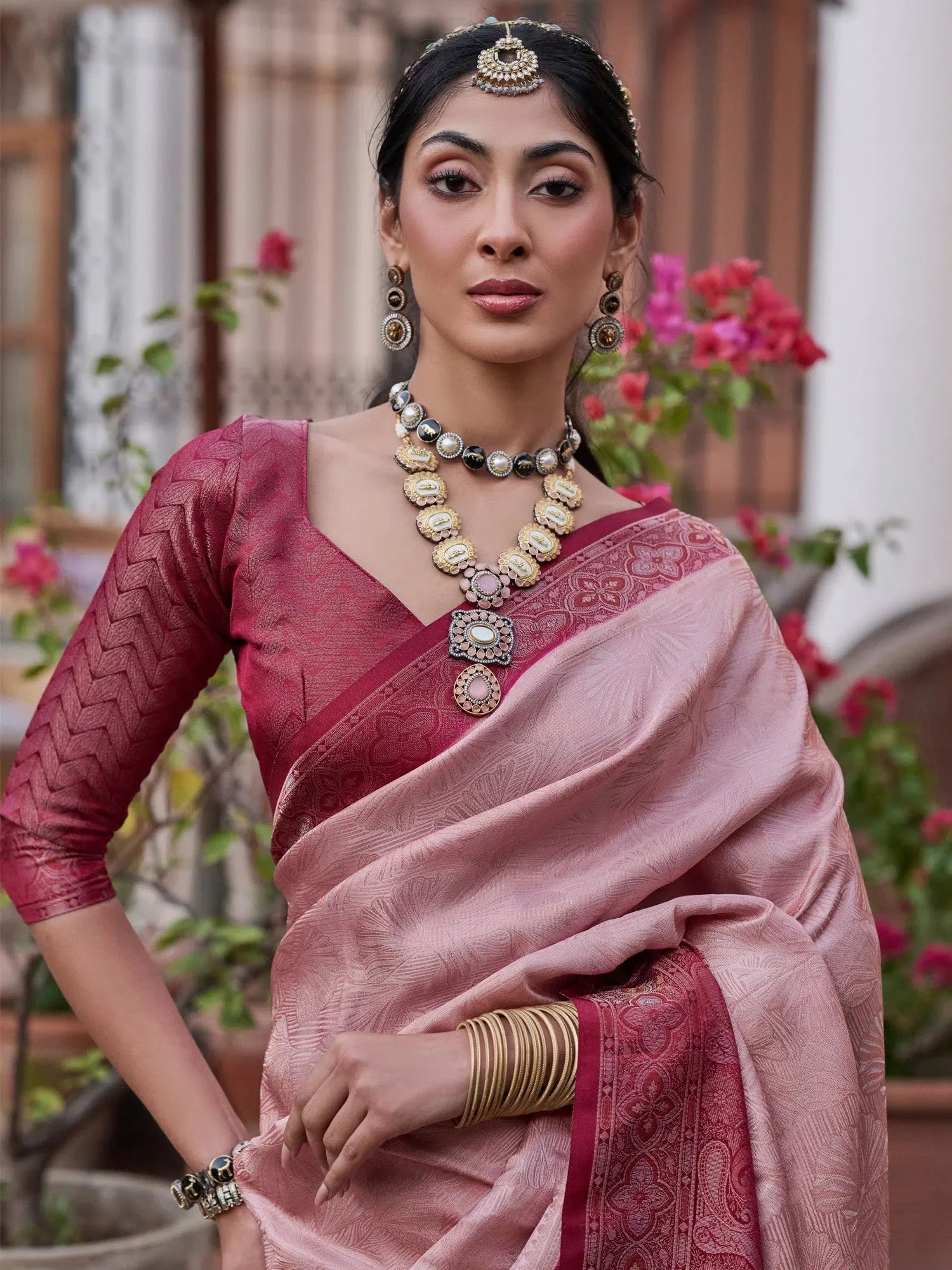 Rose Gold Polyester Saree - Indian Sarees with Blouse
