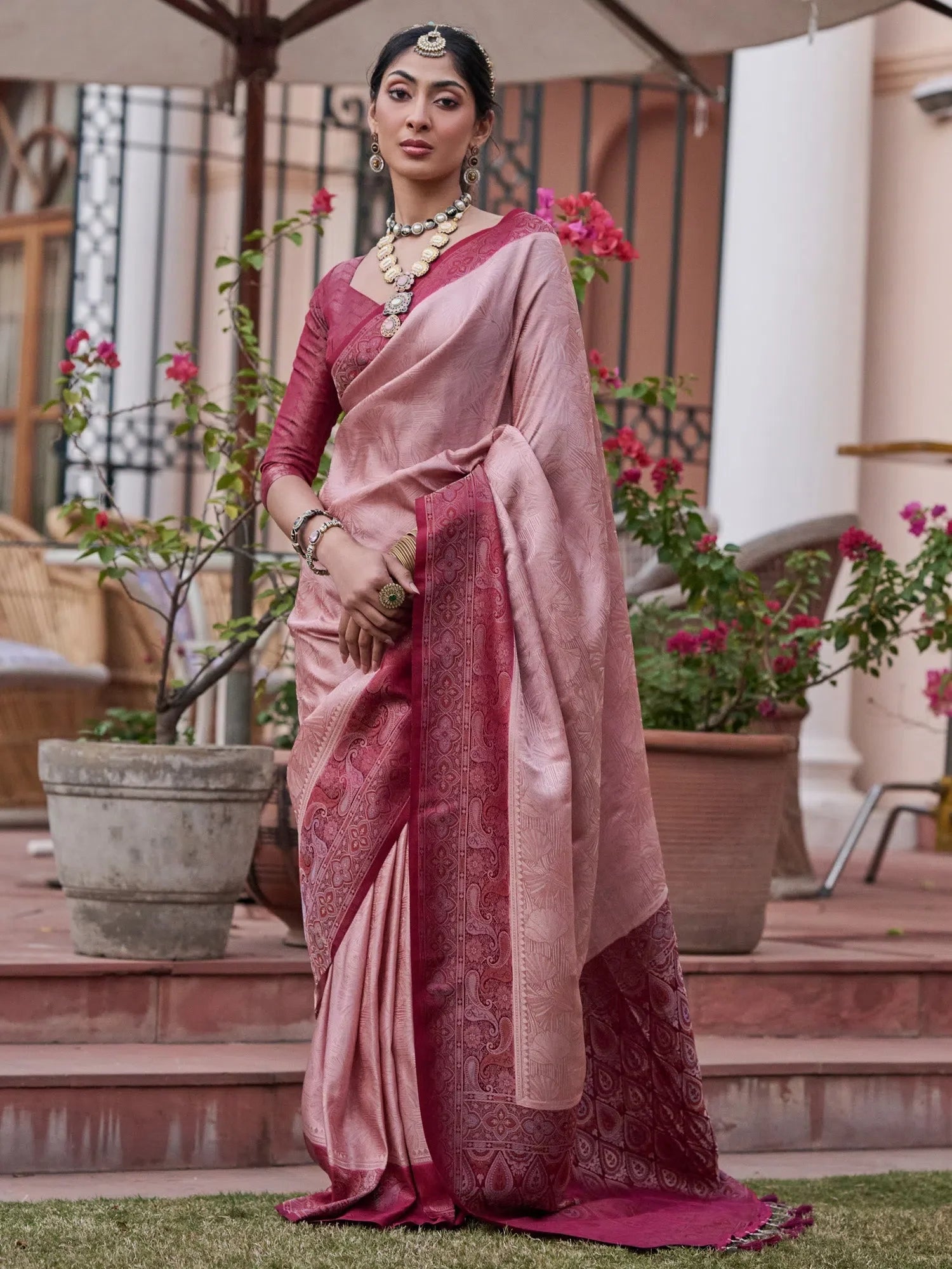 Rose Gold Polyester Saree - Indian Sarees with Blouse
