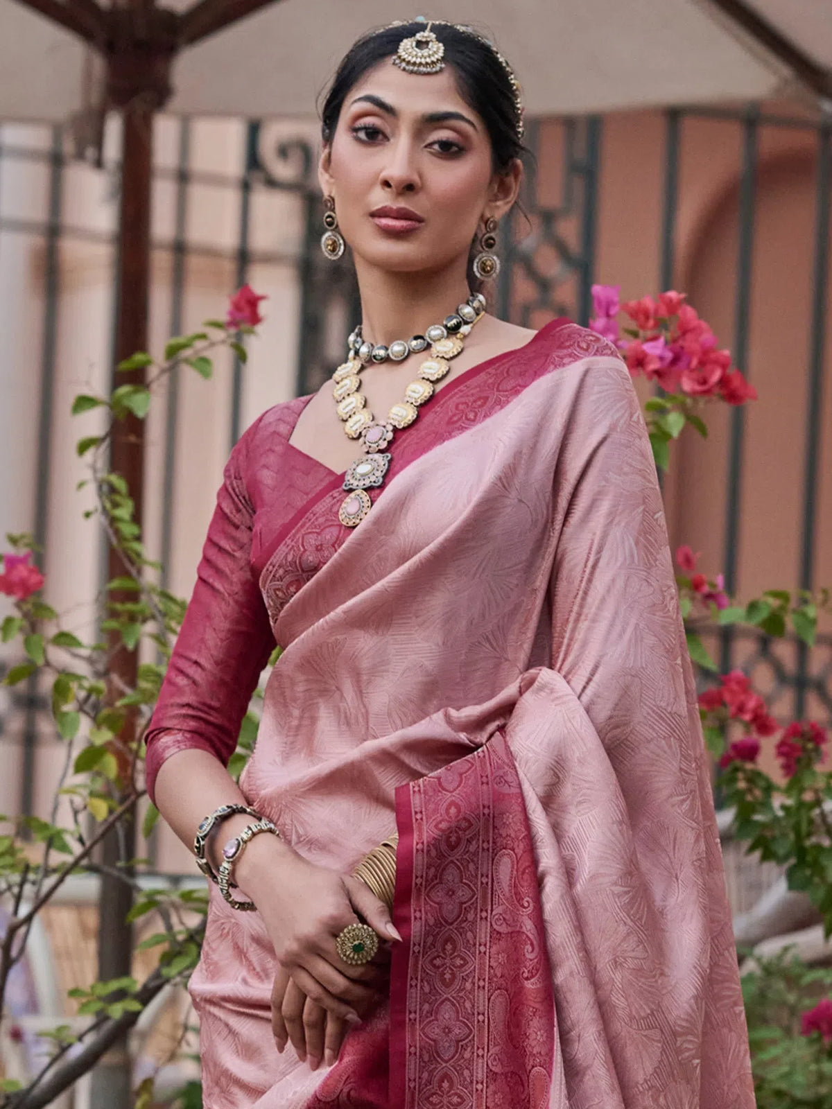 Women's Blend Rose Gold Woven Design Designer Saree With Blouse Piece-KASHA2005