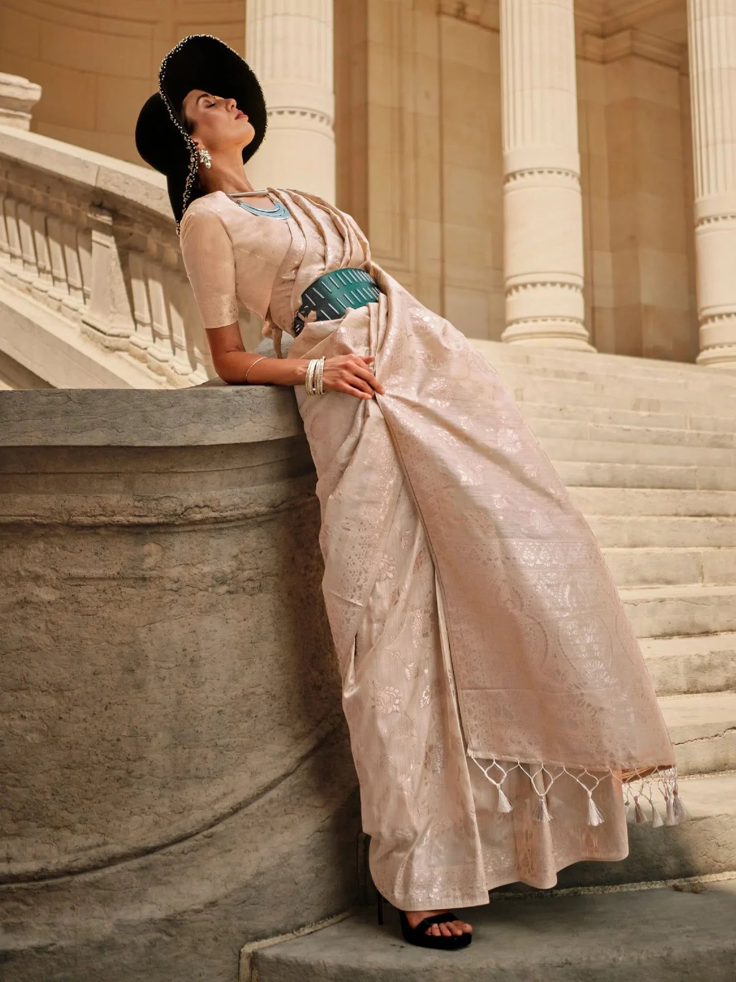 Cream Woven Polyester Saree with Blouse | Designer Sarees India