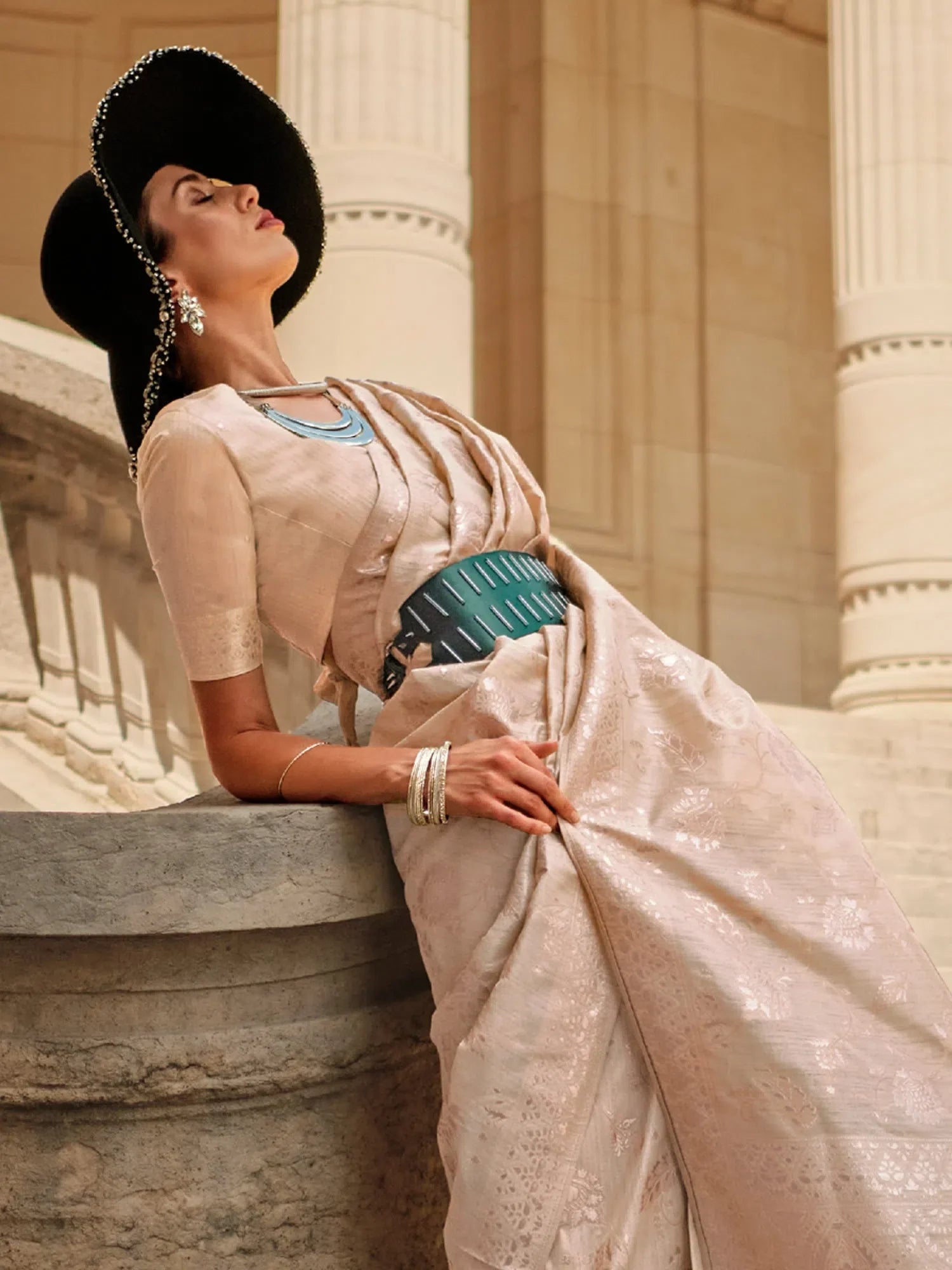 Cream Woven Polyester Saree with Blouse | Designer Sarees India