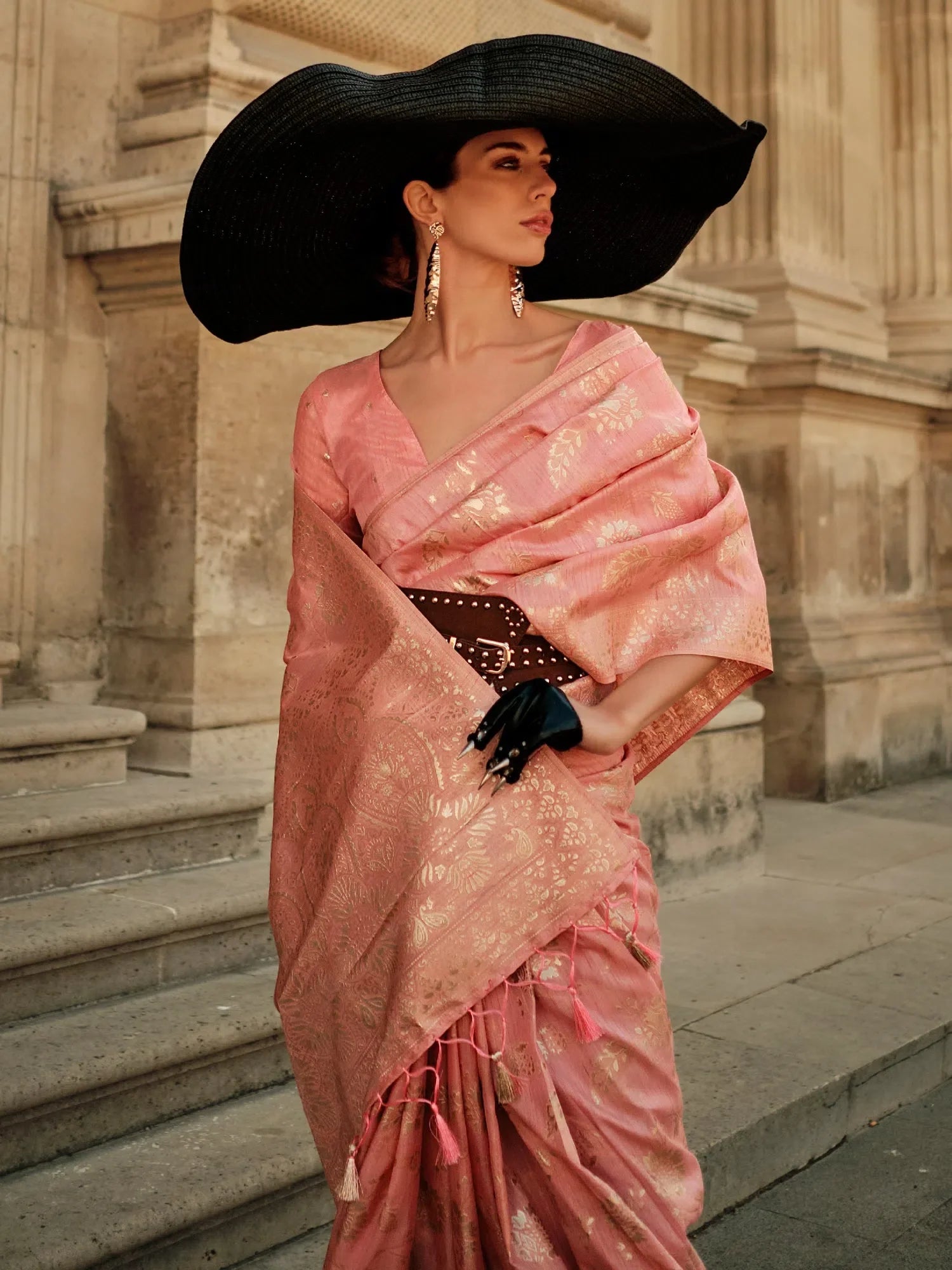 Graceful Pink Woven Polyester Saree with Blouse | Premium Indian Sarees