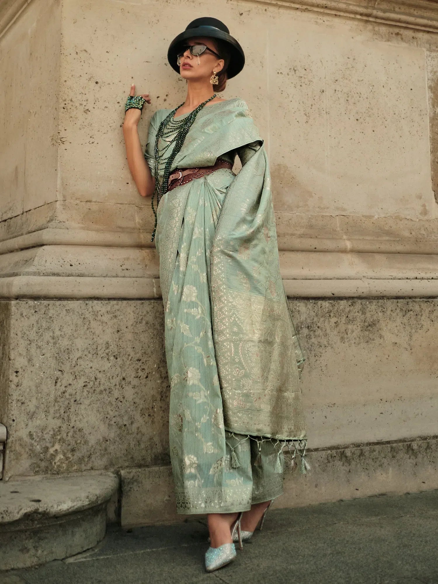 Sea Green Designer Saree - Blend Fabric & Blouse | Banarasi