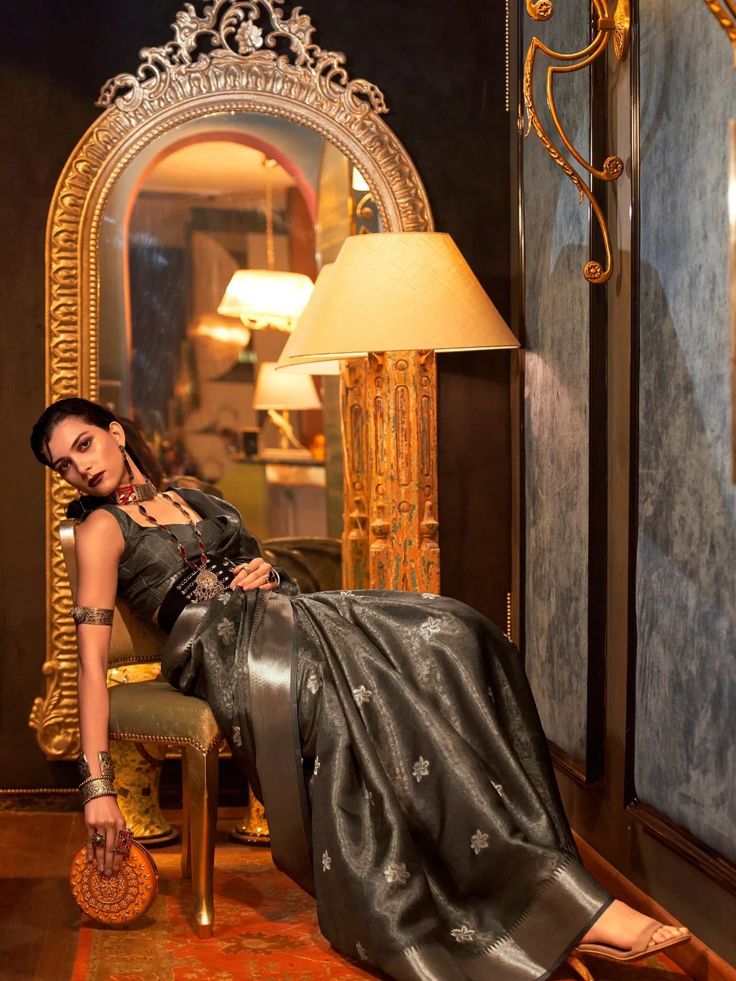 Grey Organza Saree | Designer Indian Sari & Blouse Piece