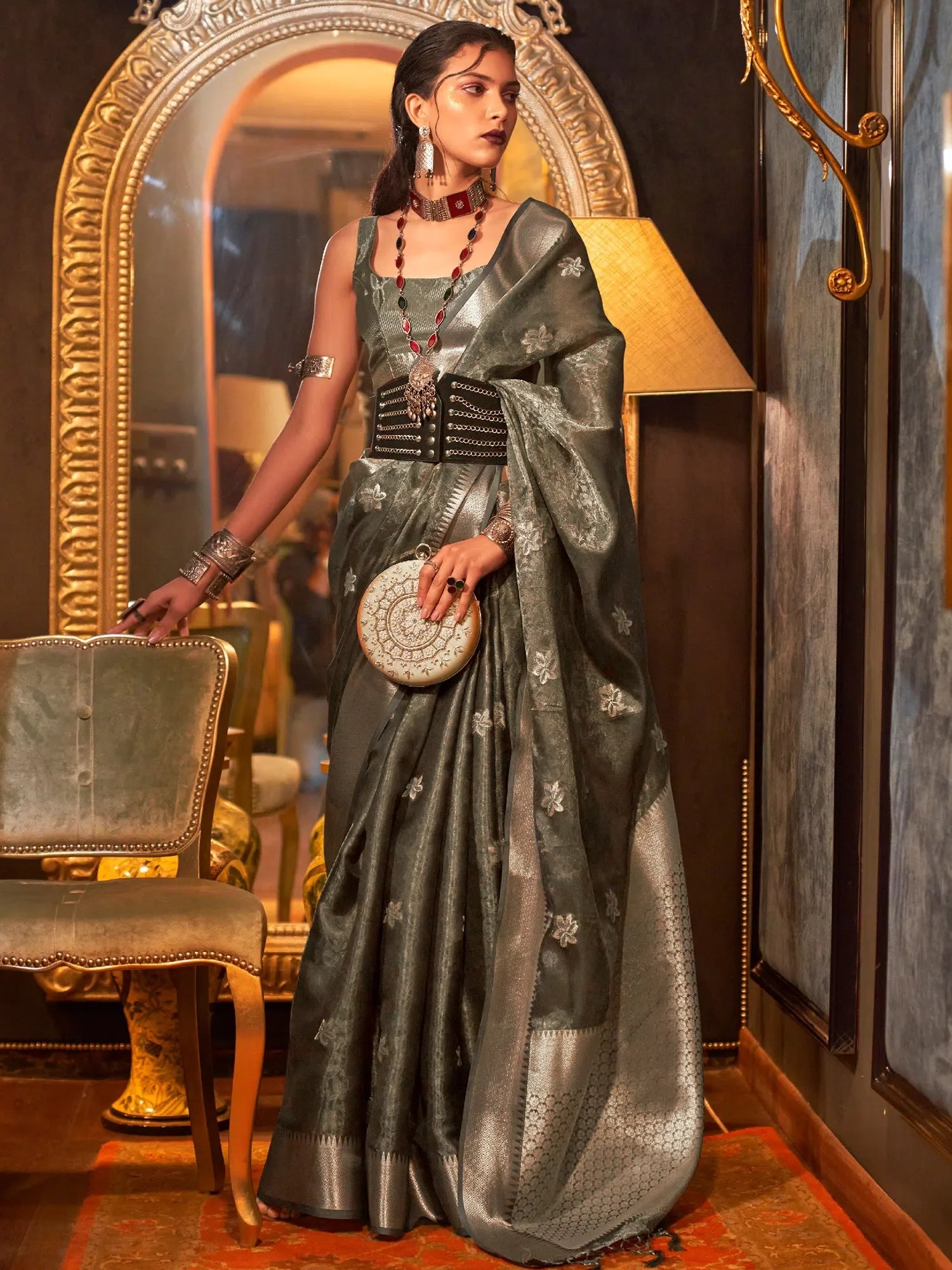 Grey Organza Saree | Designer Indian Sari & Blouse Piece