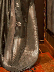 Women's Organza Grey Woven Design Designer Saree With Blouse Piece-KATIE317003