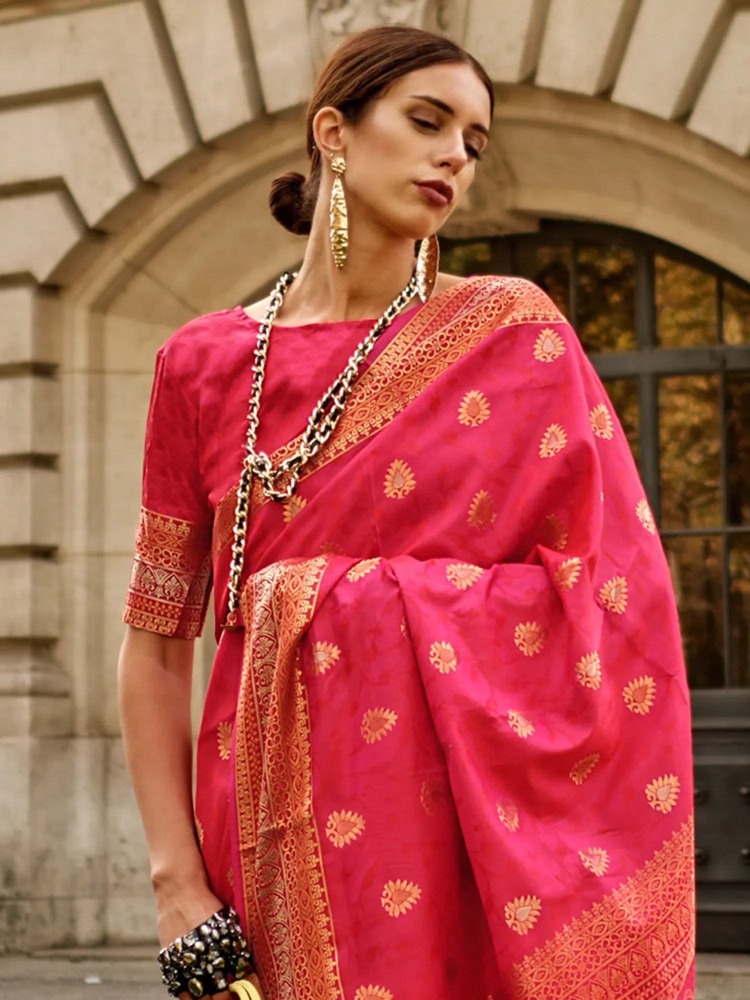 Soft Pink Polyester Indian Sari - Woven Design Saree