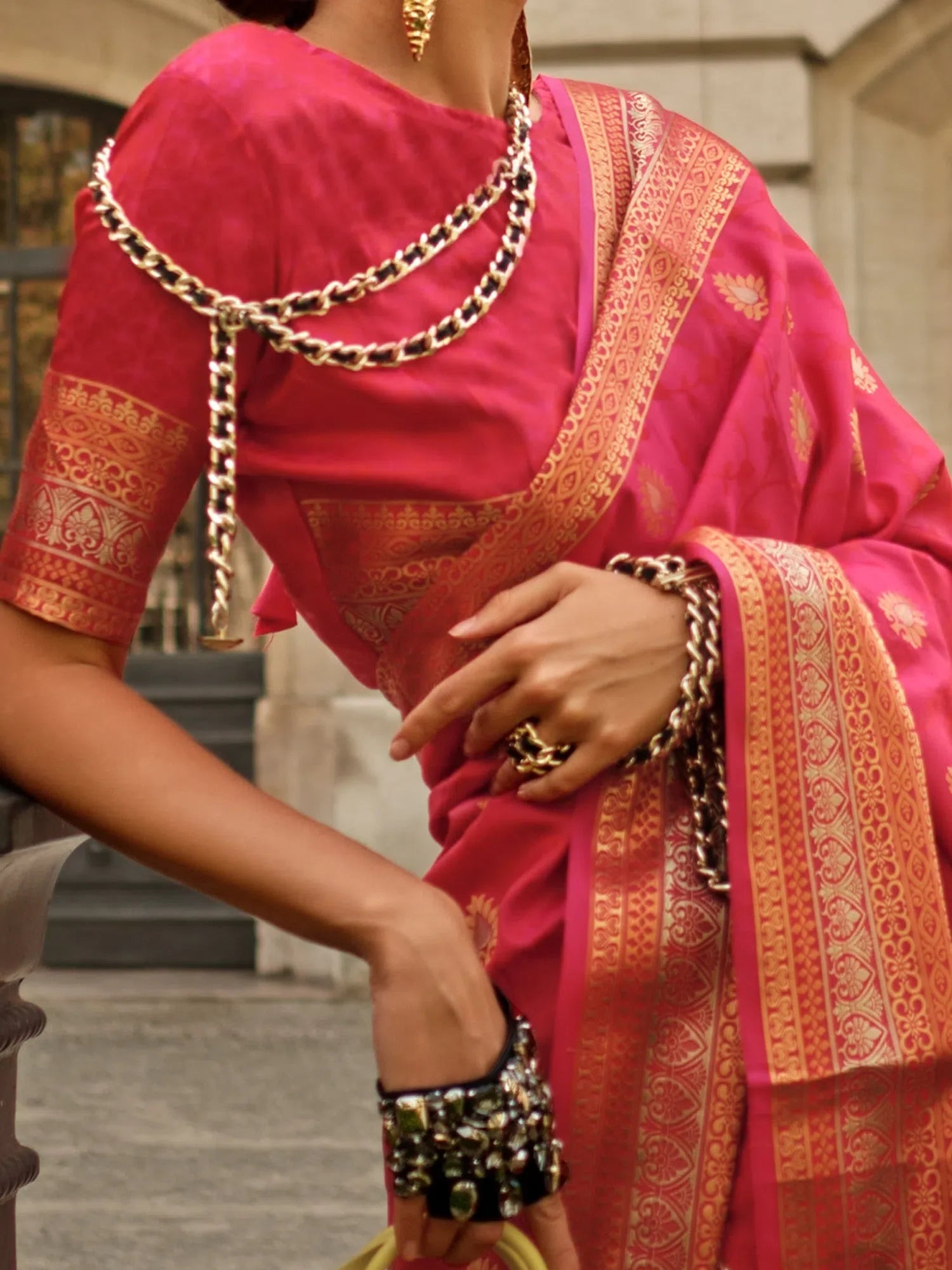 Soft Pink Polyester Indian Sari - Woven Design Saree