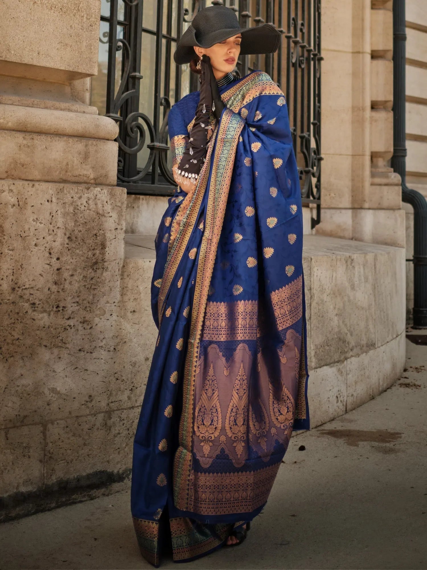 Navy Blue Designer Saree With Blouse - Indian Sarees