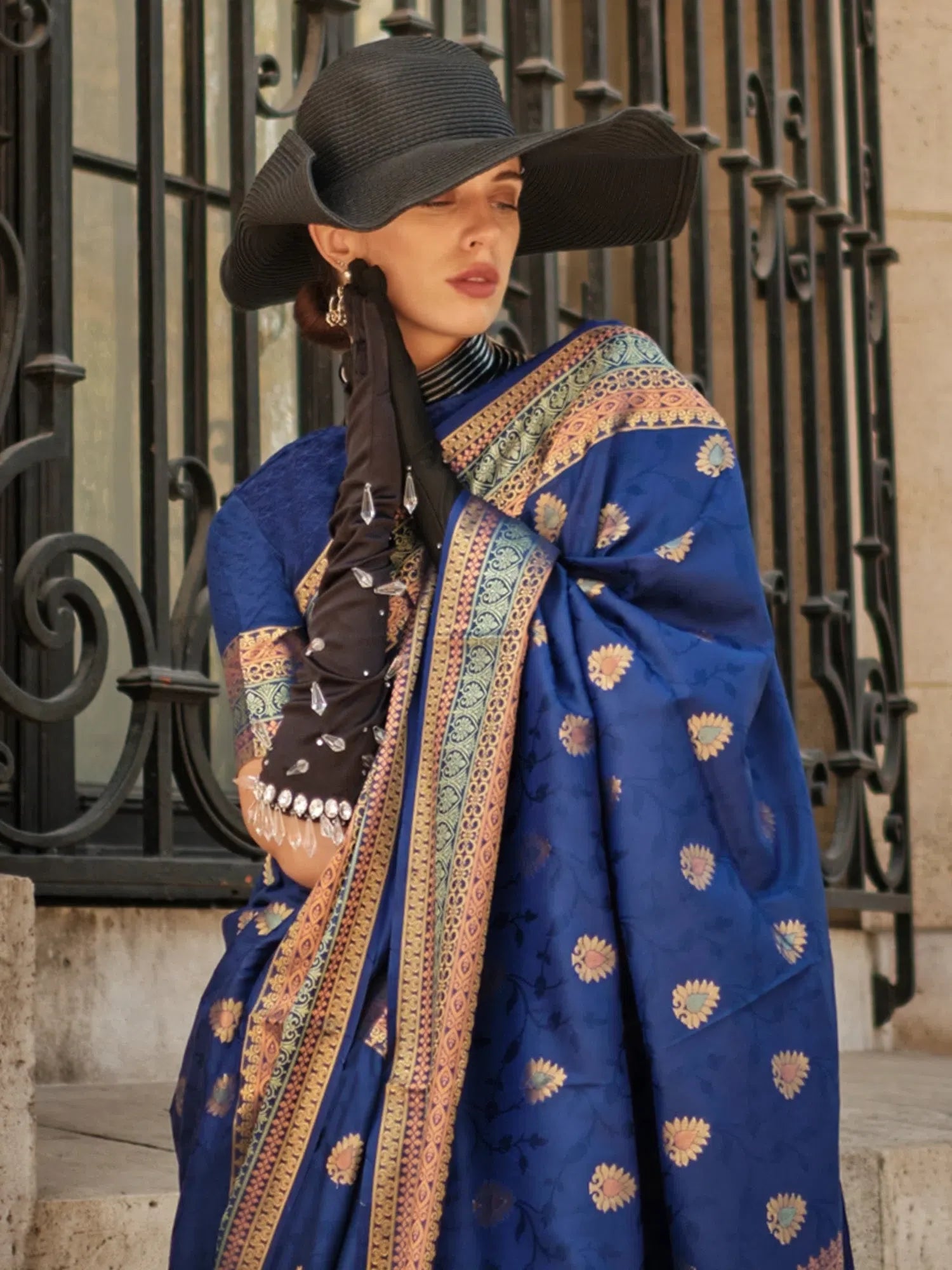 Navy Blue Designer Saree With Blouse - Indian Sarees