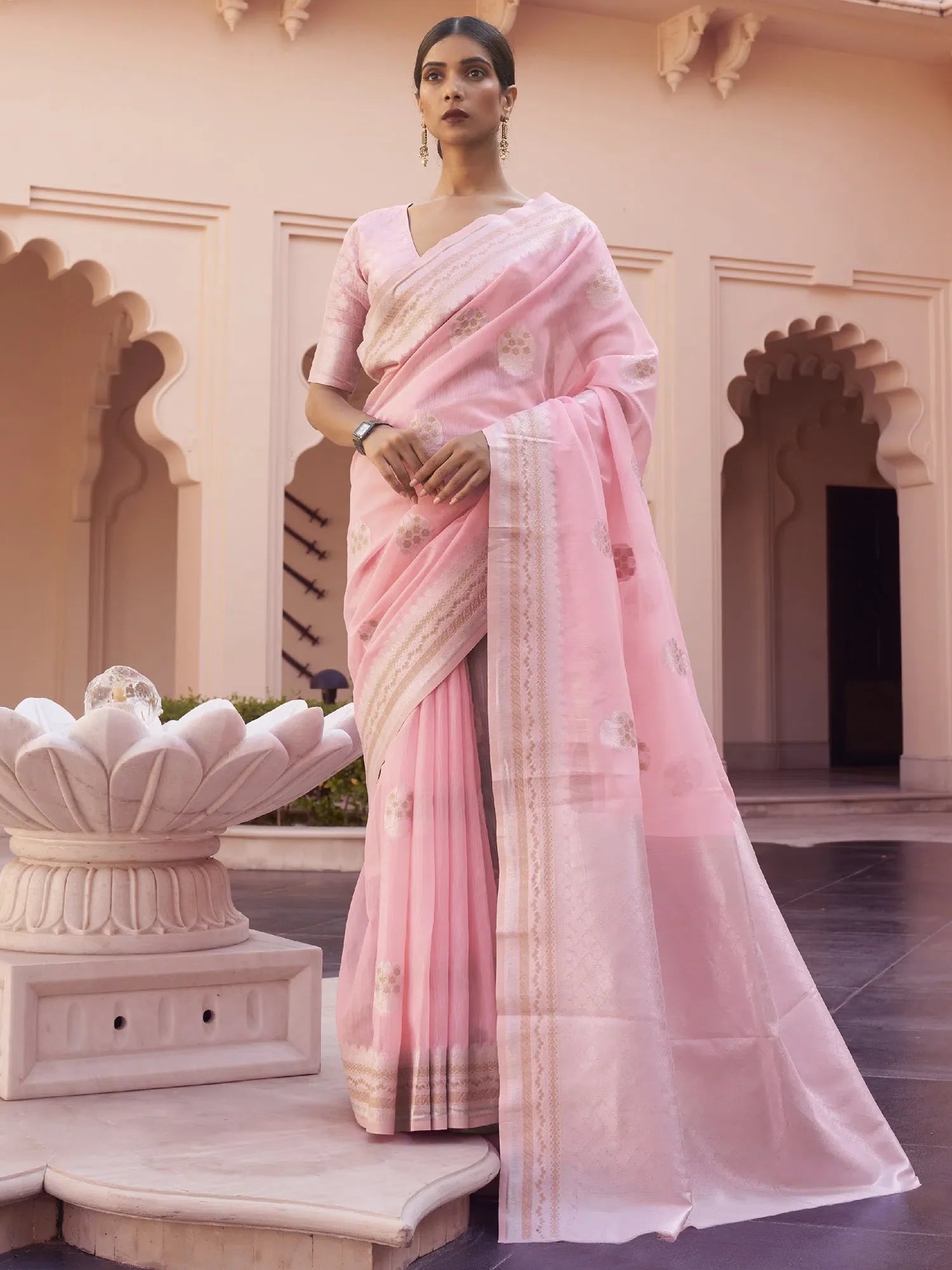 Pink Linen Saree with Blouse | Indian Sari Collection