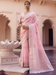 Women's Linen Blend Pink Woven Design Designer Saree With Blouse Piece-KAVNI217004