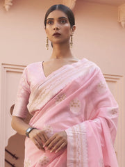 Women's Linen Blend Pink Woven Design Designer Saree With Blouse Piece-KAVNI217004