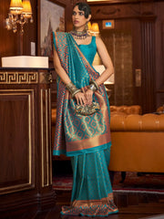 Women's Blend Turquoise Woven Design Handloom Saree With Blouse Piece-KAZAH271001