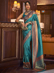 Women's Blend Turquoise Woven Design Handloom Saree With Blouse Piece-KAZAH271001