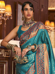 Women's Blend Turquoise Woven Design Handloom Saree With Blouse Piece-KAZAH271001