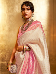 Women's Blend Cream Woven Design Handloom Saree With Blouse Piece-KAZAH271003