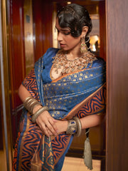 Women's  Blend Navy Blue Woven Design Handloom Saree With Blouse Piece-KAZAH271008