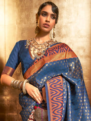 Women's  Blend Navy Blue Woven Design Handloom Saree With Blouse Piece-KAZAH271008