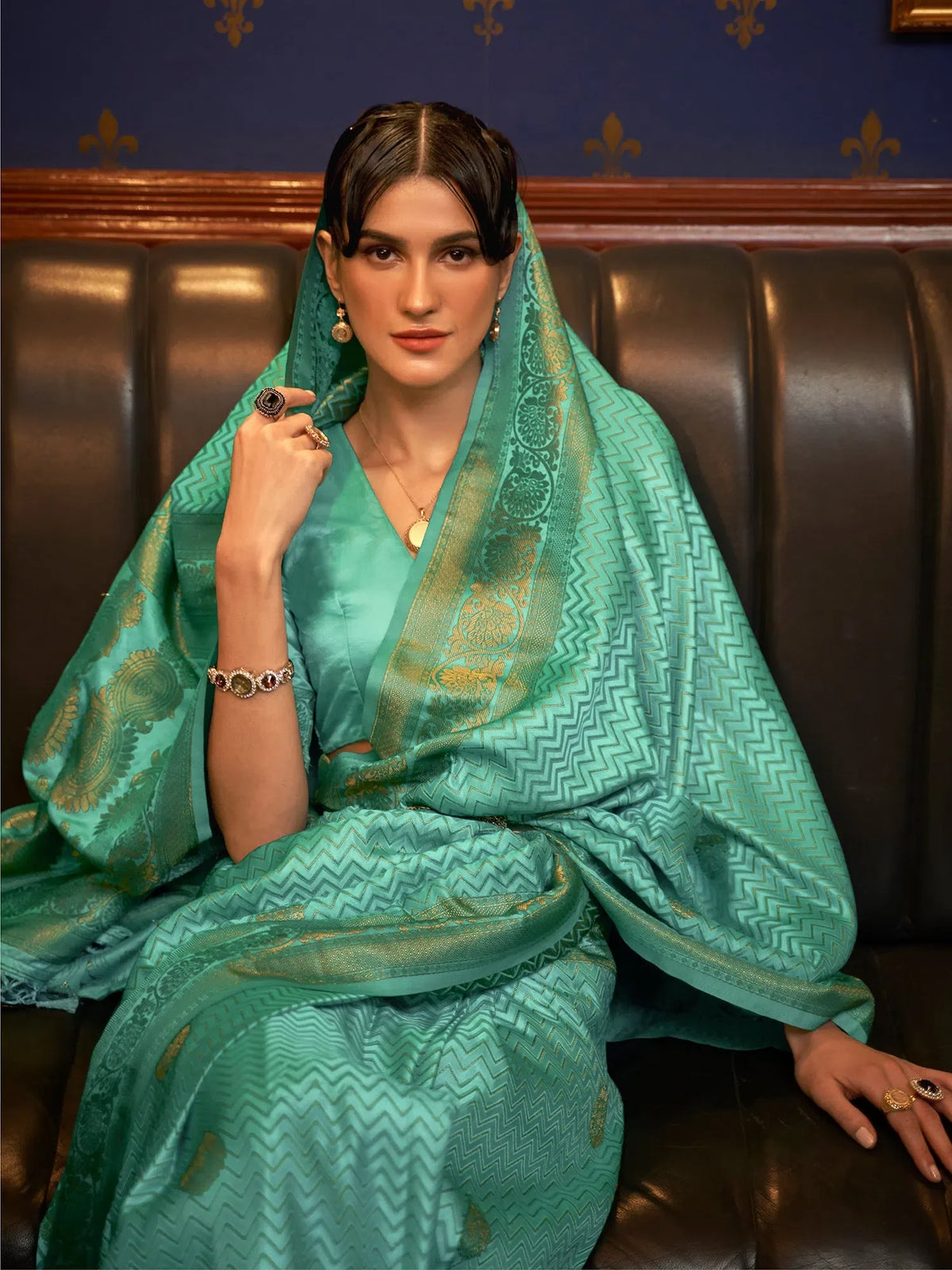 Women's  Blend Sea Green Woven Design Designer Saree With Blouse Piece-KAZEL231004
