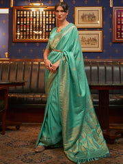 Women's  Blend Sea Green Woven Design Designer Saree With Blouse Piece-KAZEL231004