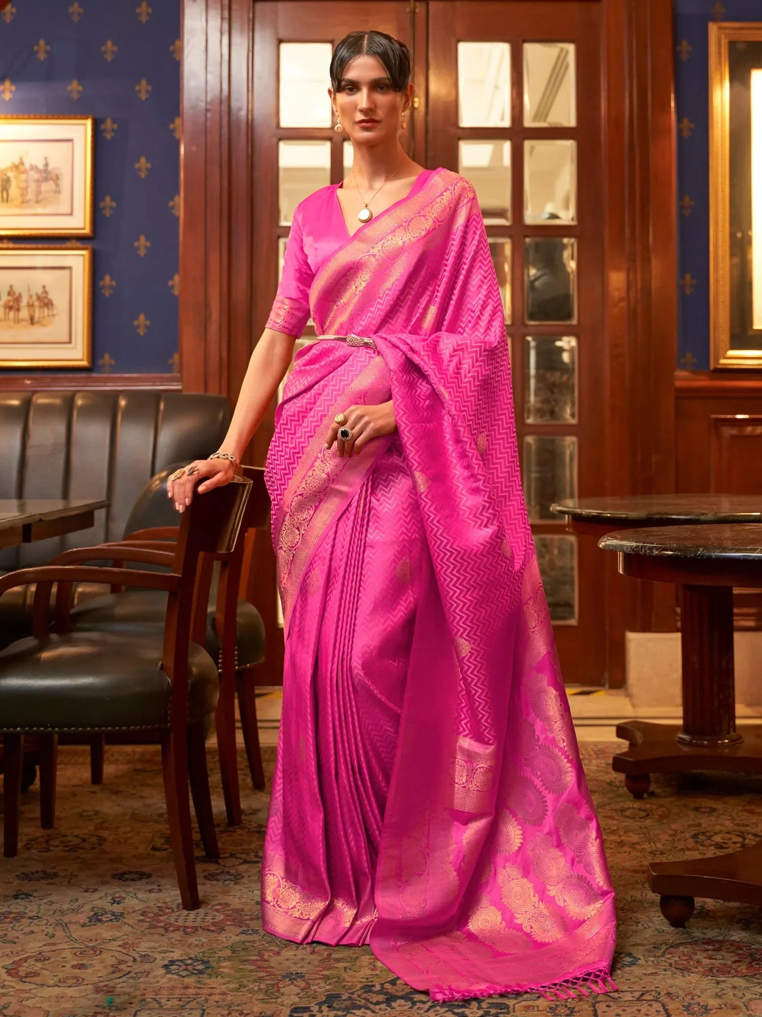 Pink Woven Polyester Saree with Blouse – Designer Saree for Celebrations