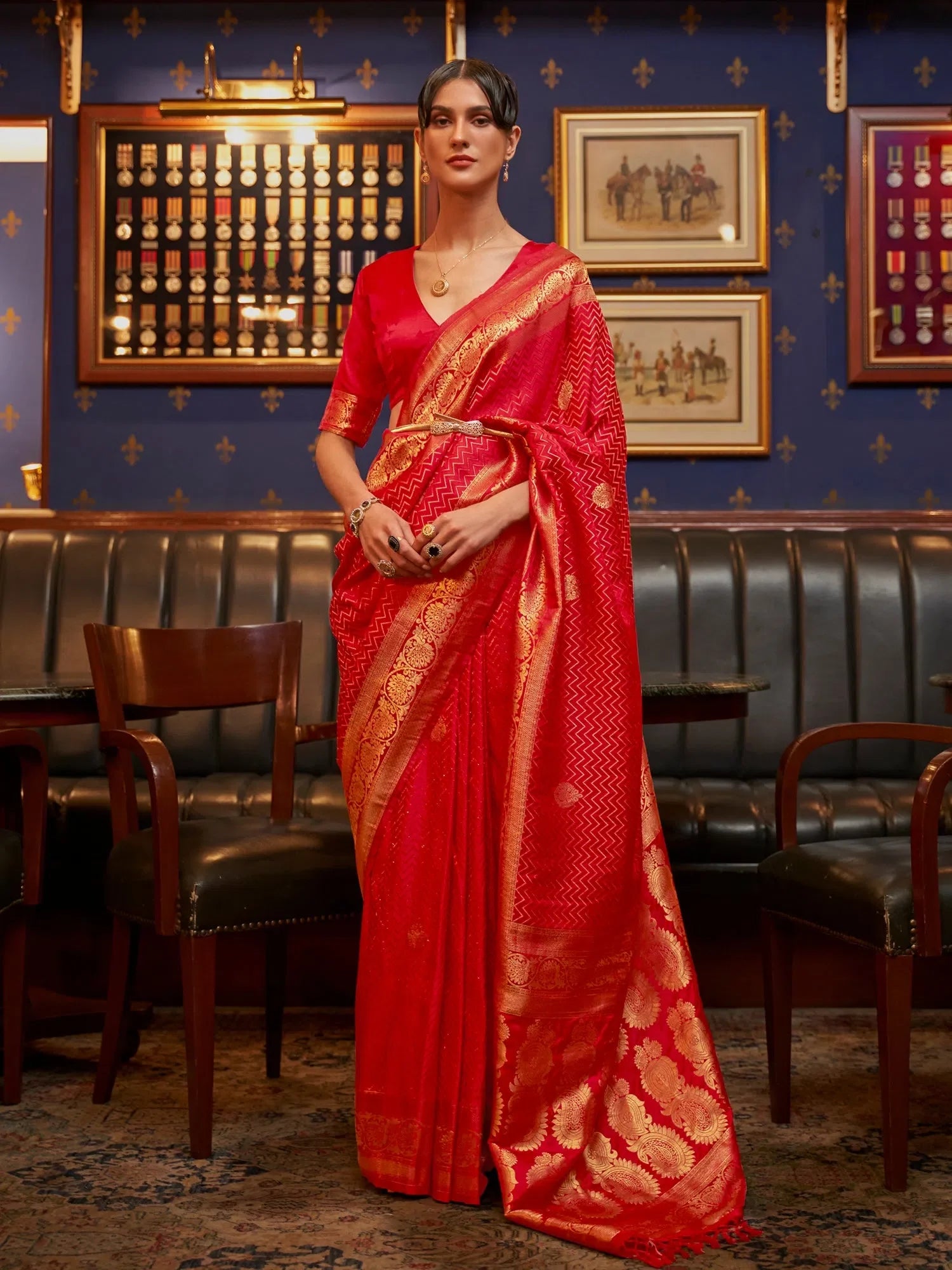 Red Woven Polyester Saree with Blouse – Classic Indian Sarees for Festivals